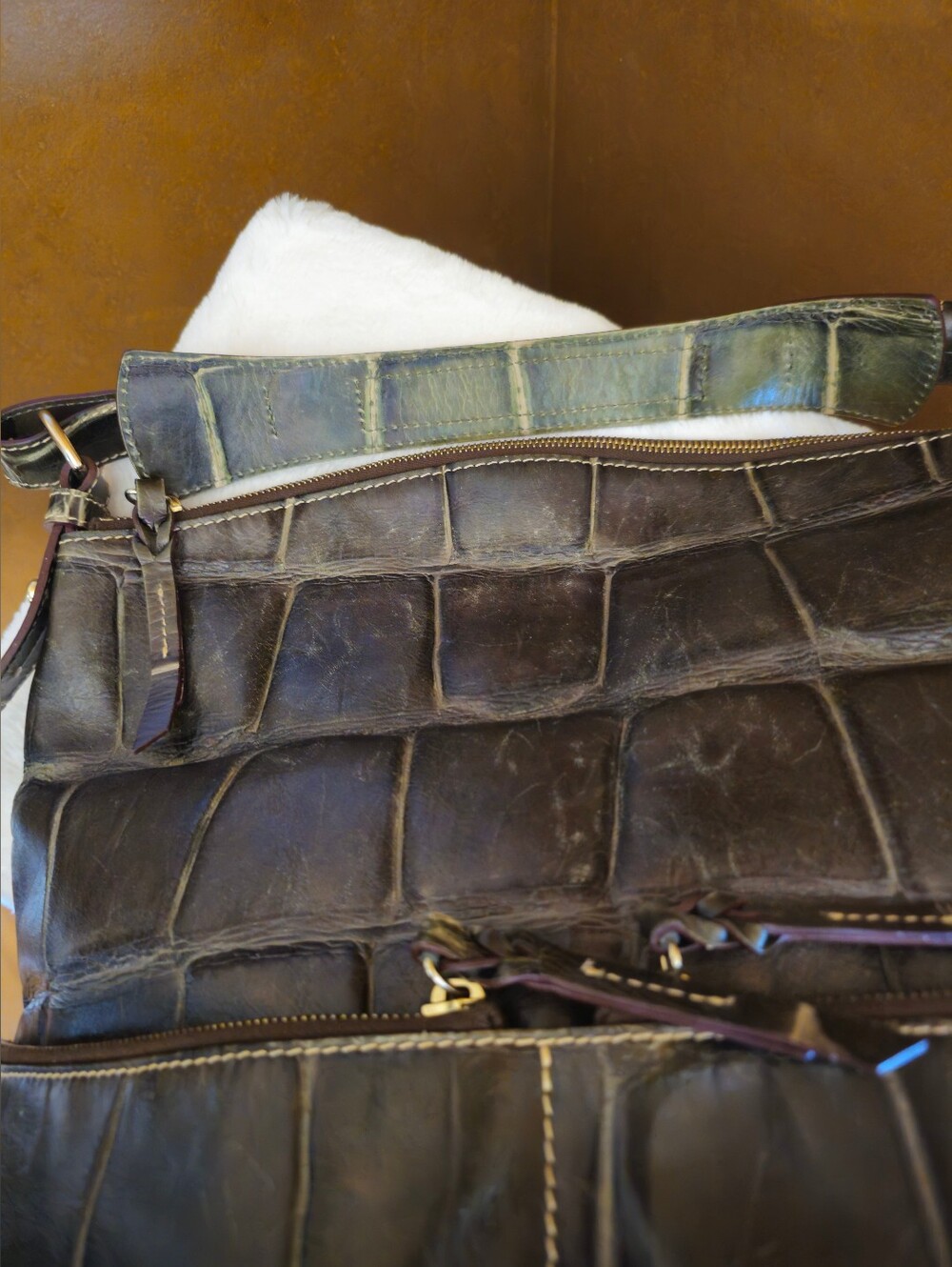 Dooney & Bourke Croc-Embossed Shoulder Bag - Dark Green with Brass Hardware - Picture 6 of 6